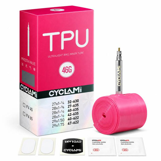 TPU road bicycle inner tube, 46g, pink with Presta valve and rolled tube.