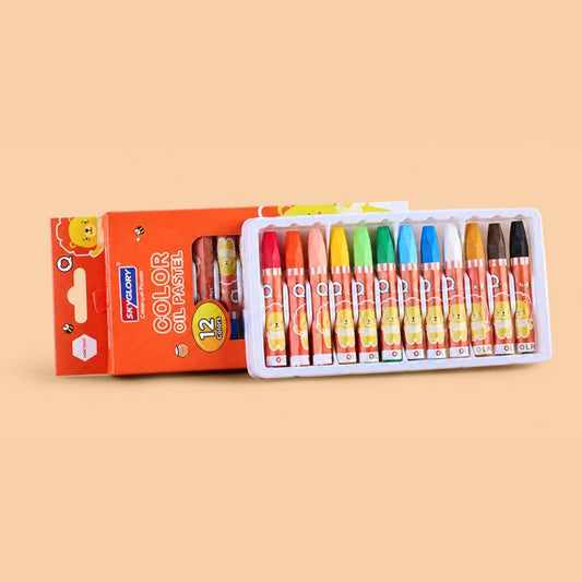 Children's silky oil pastel crayon set, 12 assorted colors in a clear plastic tray