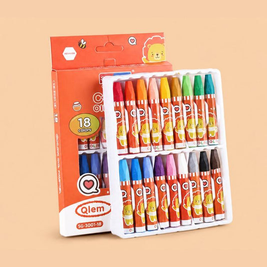 Children's silky oil pastel crayon set, 18 assorted colors in a clear plastic tray