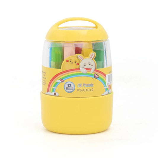 12-color oil pastel set in yellow lidded container with clear window