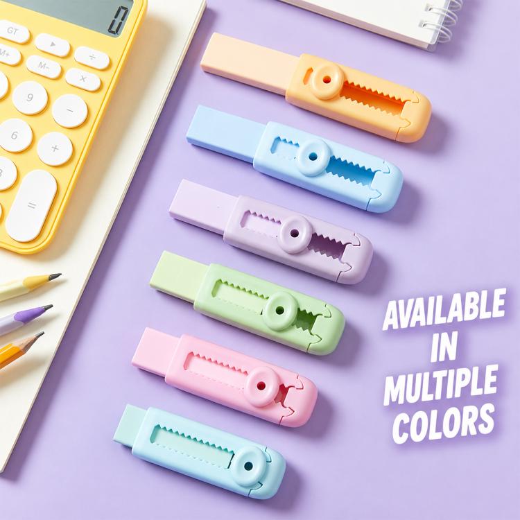Set of pastel sliding erasers with protective caps in multiple colors
