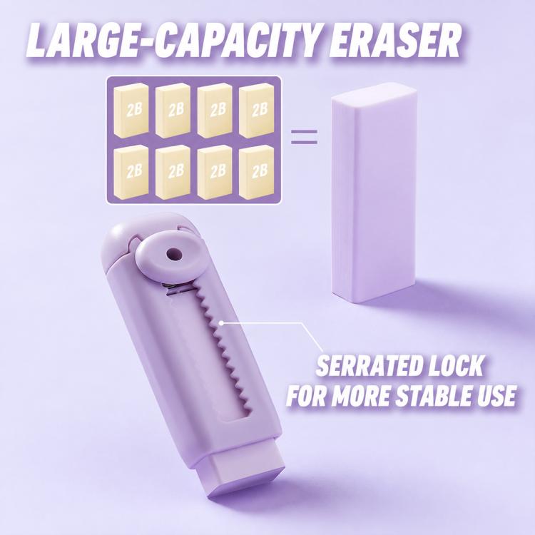 Large lavender sliding eraser with serrated refill insert and locking cap