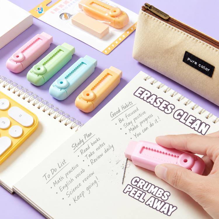 Pastel refillable sliding erasers with serrated blades and a cream zip pouch