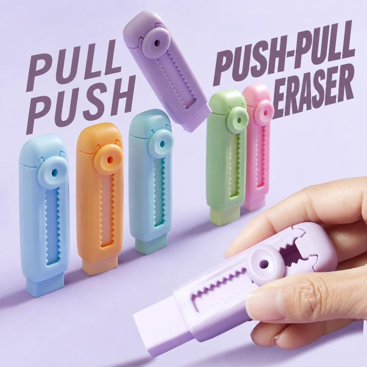Refillable sliding macaron-style eraser, purple model in hand with teal and pink versions.