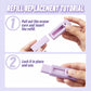 Refillable sliding eraser with purple case, showing hands inserting and locking a refill.
