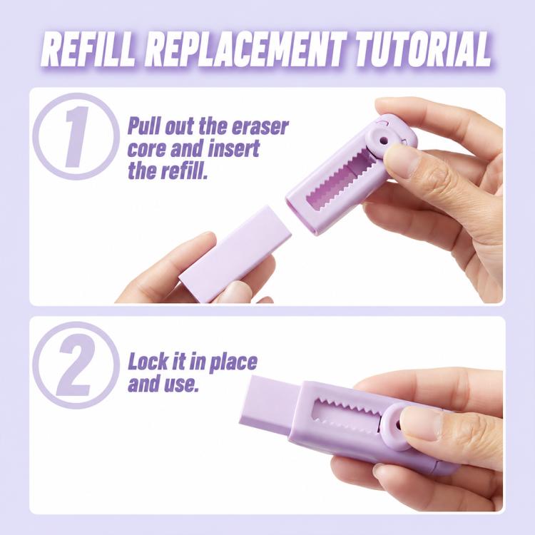 Refillable sliding eraser with purple case, showing hands inserting and locking a refill.