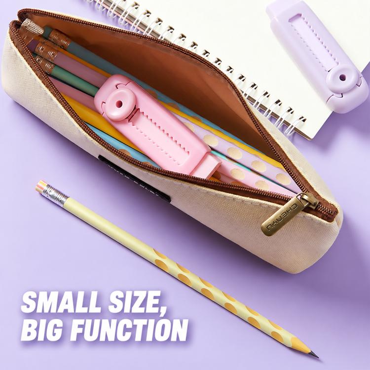 Set of refillable sliding erasers in pastel colors inside a zip pencil pouch, with spare refill.