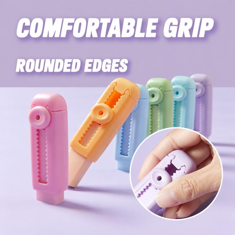 Pastel refillable sliding erasers with rounded edges; hand holds a purple eraser.