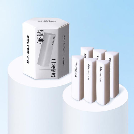 White triangular erasers, 6-pack in a cube display box set