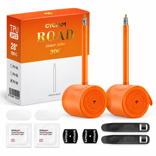 Orange TPU road bicycle inner tubes with Presta valves, rolled in pairs