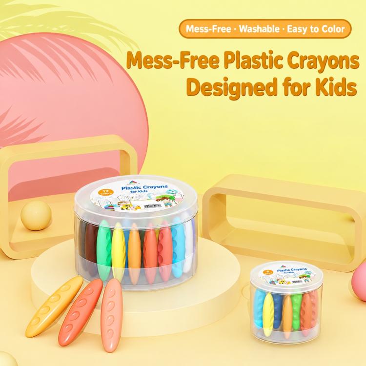 Children's mess-free plastic crayon set with clear containers and colorful oval crayons
