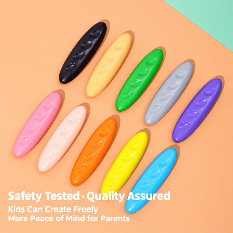 Children's plastic crayons: assorted oval colors arranged on a flat surface