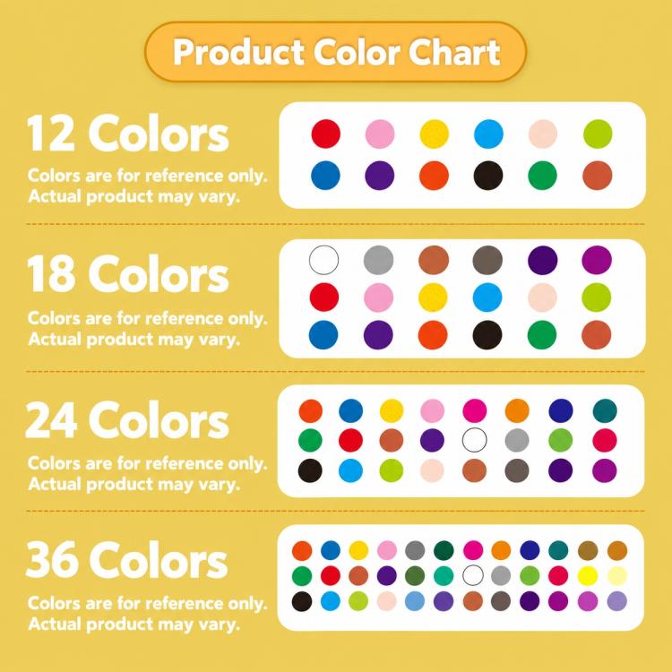 Children's plastic color crayon set color chart showing multiple color options