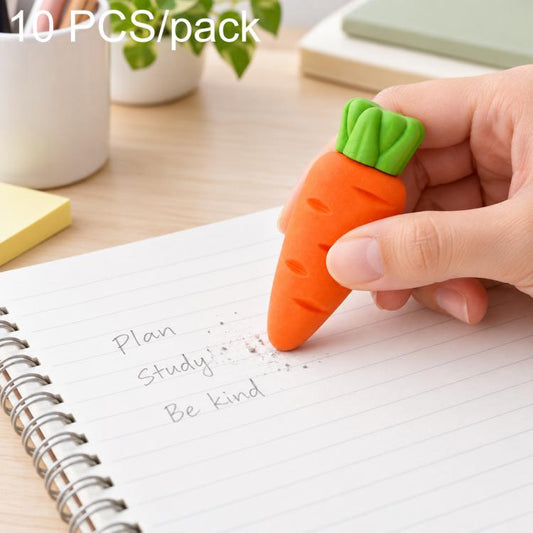 Jumbo carrot-shaped cartoon eraser, orange with green top, held in hand