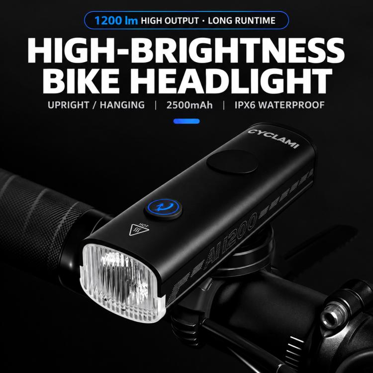 Black CYCLAMi bike headlight with front reflector lens and mounting bracket, close-up view