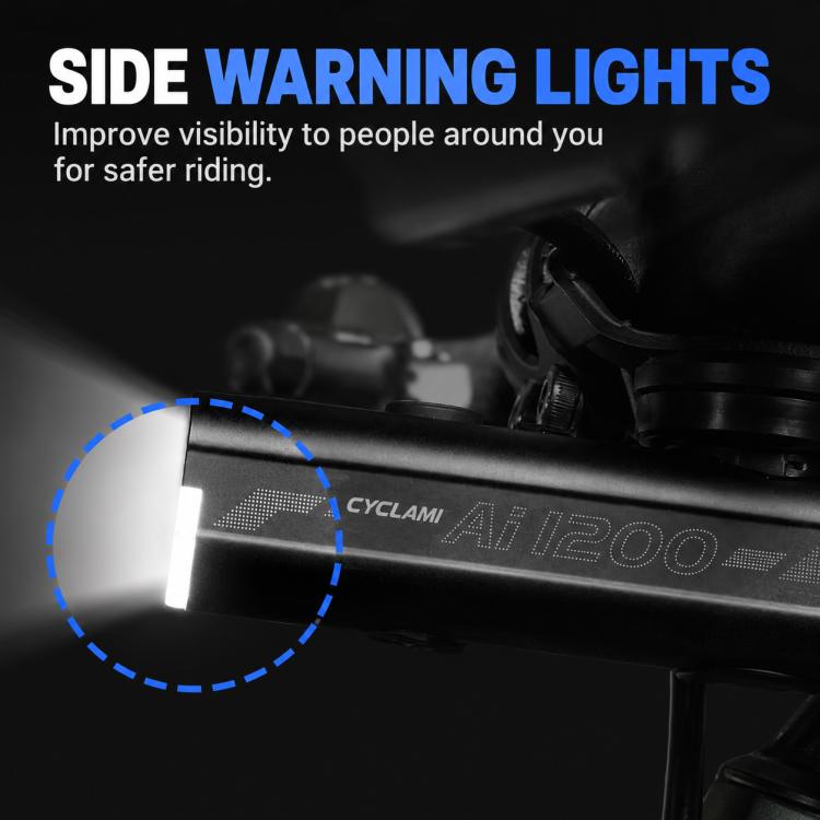 CYCLAMi bike headlight side warning light detail near handlebar mounting bracket