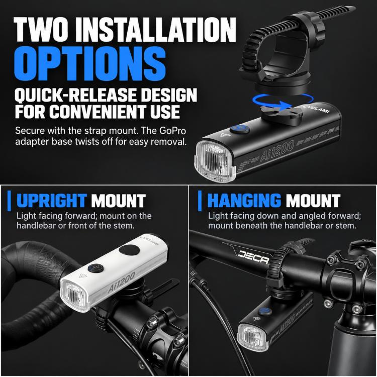 CYCLAMi bike headlight with quick-release mount showing upright and hanging positions
