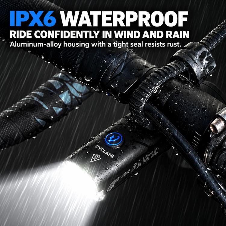 CYCLAMi waterproof bike headlight on handlebars under rain with water droplets