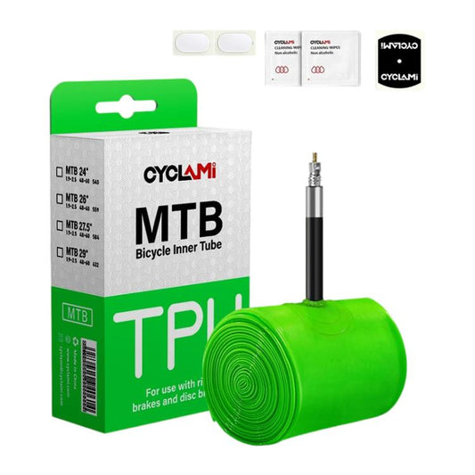 Green MTB TPU inner tube bundle with Schrader valve stem and box packaging