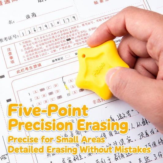 Yellow star-shaped eraser with lanyard held over a worksheet