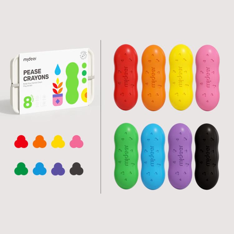 Pea-shaped crayons set with colorful pastel tips, shown with open storage case
