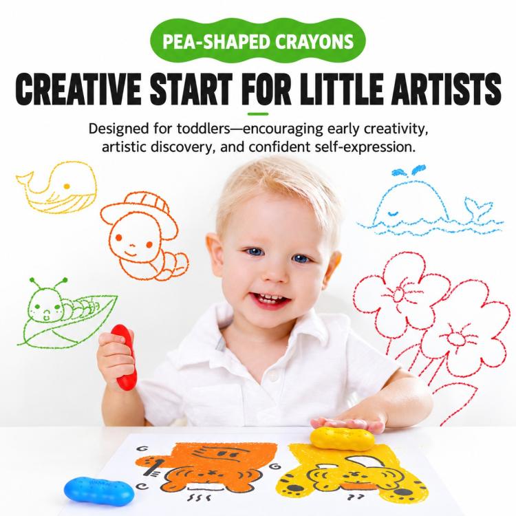 Pea-shaped crayons for little artists, child holding a red crayon while coloring