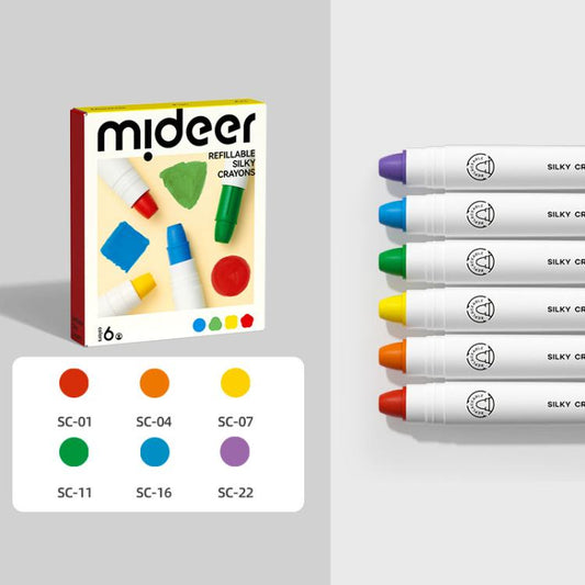 Kids refillable crayon set box with six color refill markers and color shade swatches