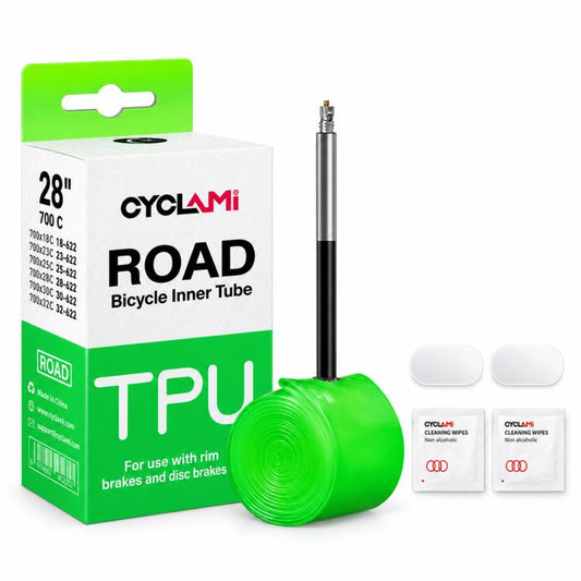 CYCLAMi road bike TPU inner tube, green coil with valve and cleaning wipe cards