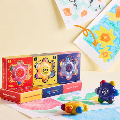 Pocket crayons set with three colorful boxed packages and small flower-shaped crayon tools