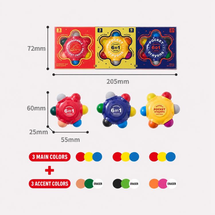 Pocket crayons packaging with sizes diagram and three flower-shaped crayon tools