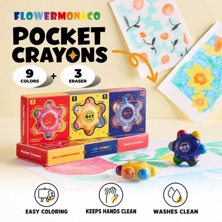 Pocket crayons set box, three crayon tools, and colorful drawings on paper