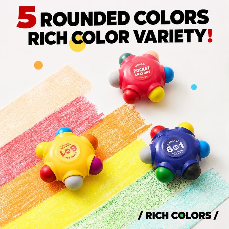 Five rounded colors pocket crayons shown with rich color crayon strokes