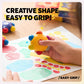 Hand gripping a yellow flower-shaped pocket crayon over colorful drawing sheets