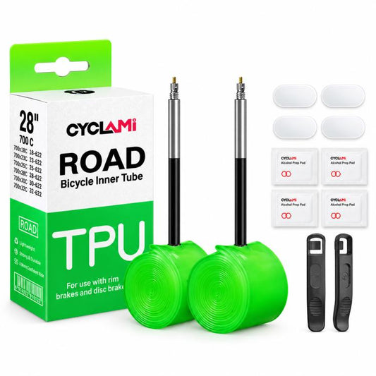 Green TPU road bike inner tubes (pair) with Presta valves and retail box