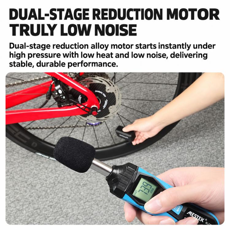 Electric inflator pump air setup on bicycle wheel valve with handheld gauge.