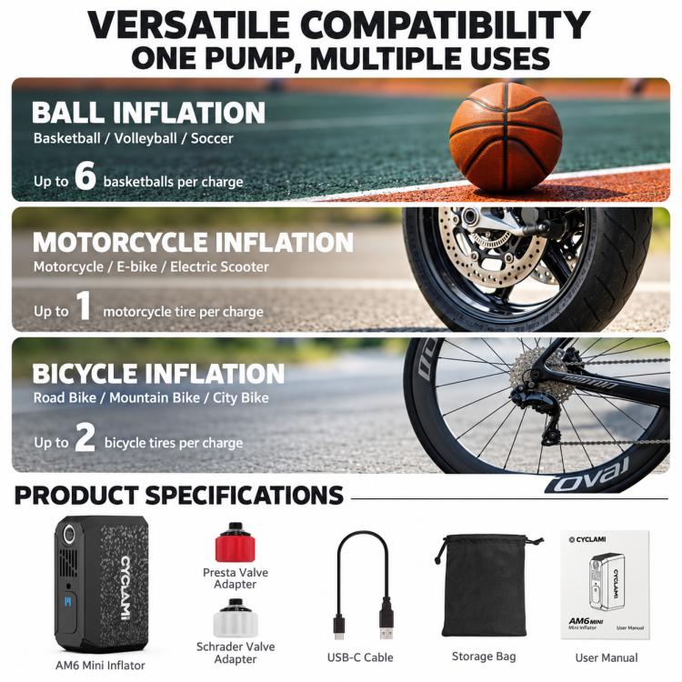 Electric bike inflator kit with valve adapters, USB-C cable, and storage bag.