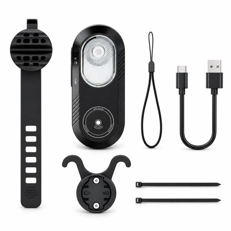 Cycling smart radar tail light kit: black bracket, mount strap, cables, and light unit