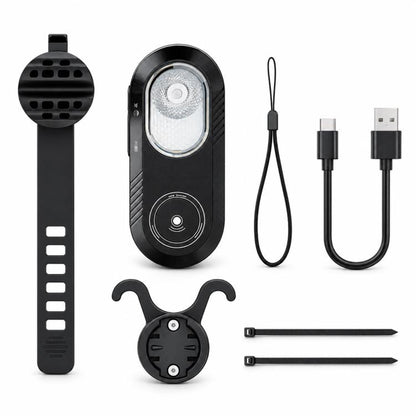 Cycling smart radar tail light kit: black bracket, mount strap, cables, and light unit