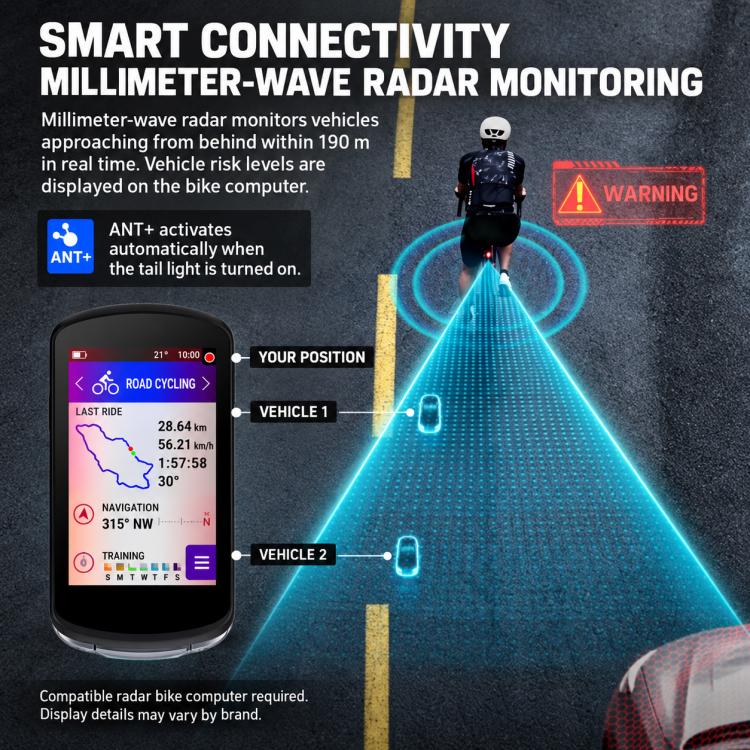 Cycling radar tail light with sensor housing beside bike computer on screen