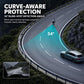 Cycling radar tail light curve-aware protection graphic with roadside scene