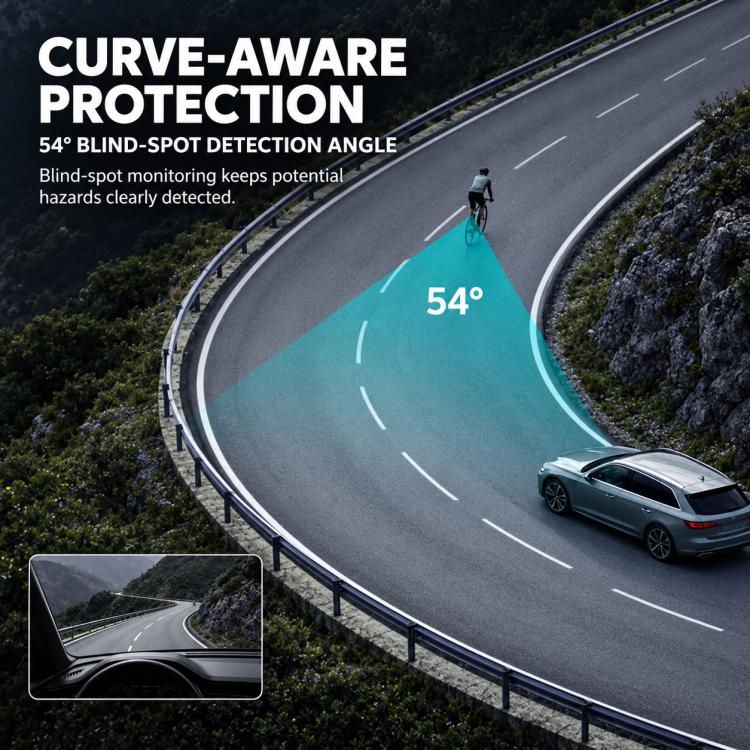 Cycling radar tail light curve-aware protection graphic with roadside scene