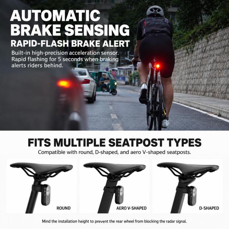 Cycling radar tail light flashing red on bike during braking