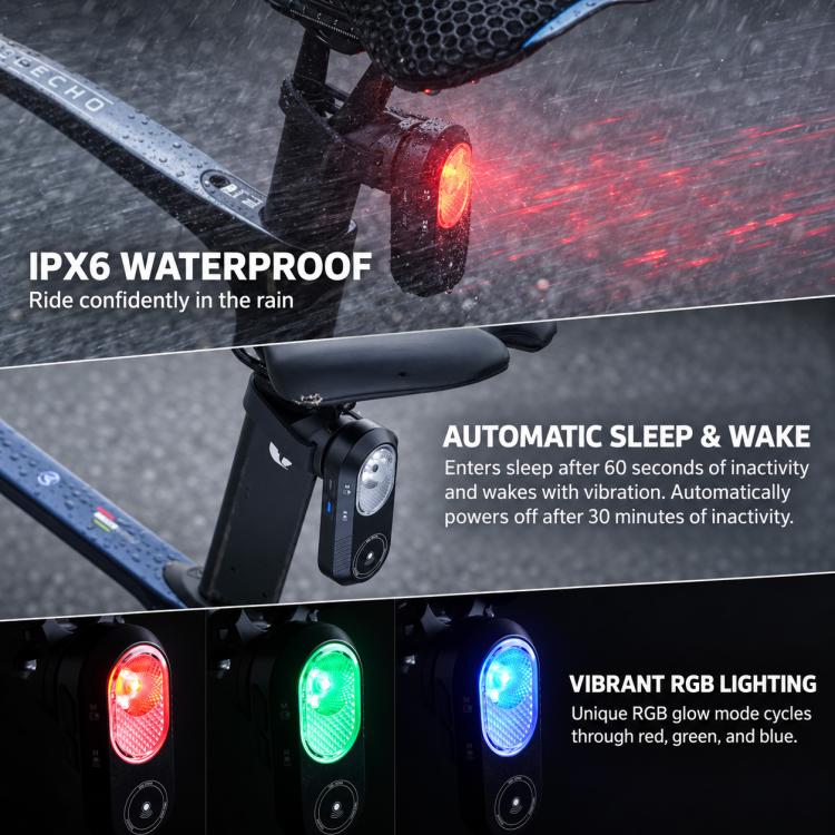 Cycling radar tail light with red glowing lens and RGB lighting options