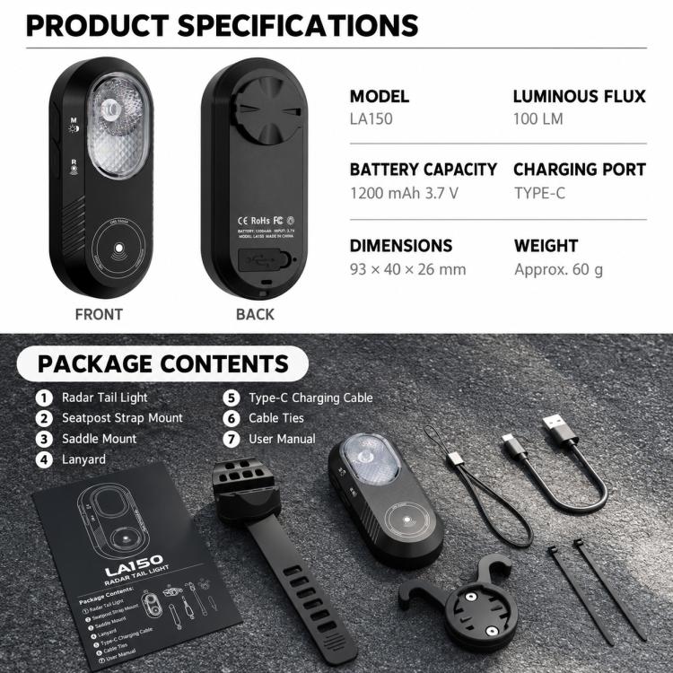 Cycling radar tail light product view with front/back units and package contents