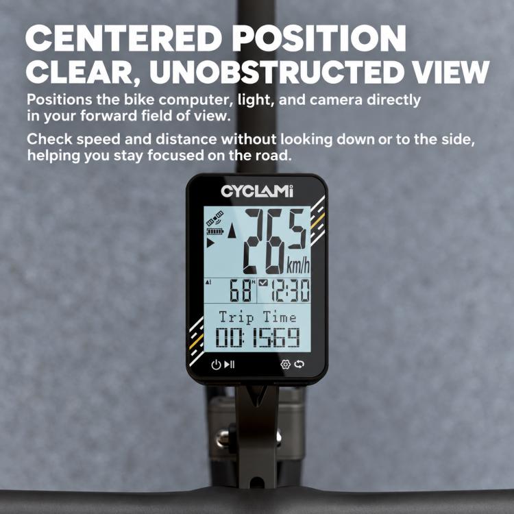 Bike computer display unit mounted on handlebar bracket, black.