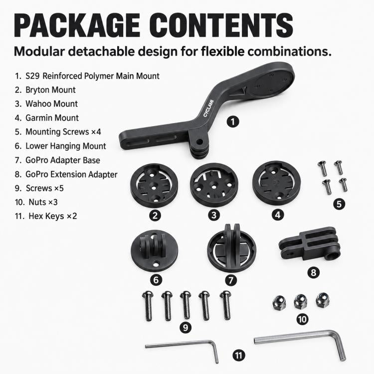 Bike mount kit package contents with adapter plates and hex tools, black.