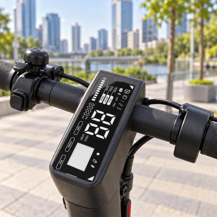Electric scooter display panel mounted on handlebar with bright LCD speed reading