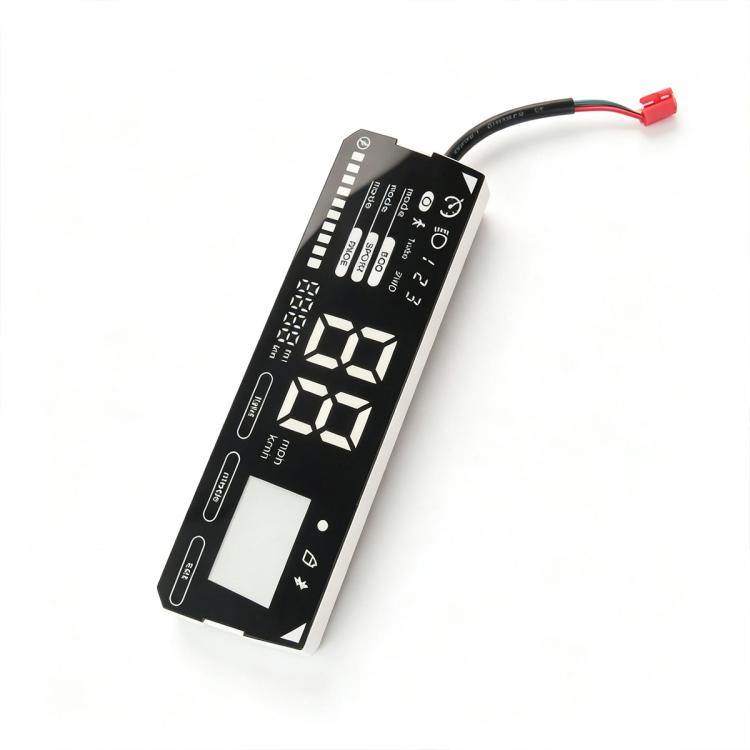 Electric scooter display panel with black housing, LCD screen, and wiring connector