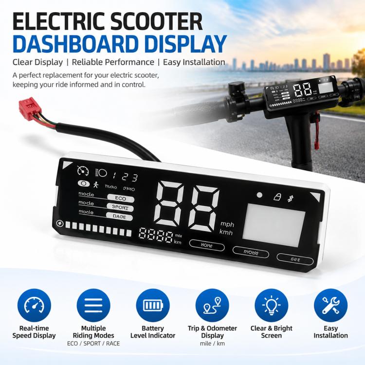 Electric scooter dashboard display panel with large LCD digits and indicator icons