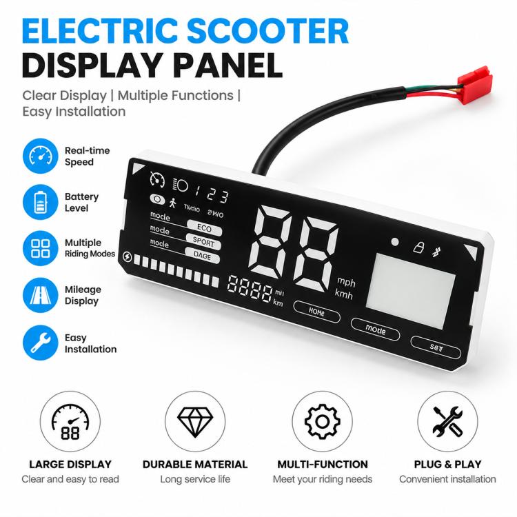 Electric scooter display panel with LCD screen, control buttons, and red/black cable